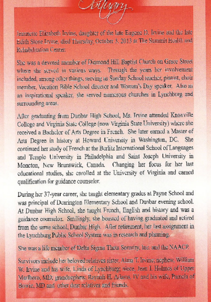 Jeannette Elizabeth Irvine-obituary