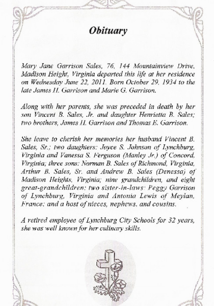 Mary Jane Garrison Sales-obituary