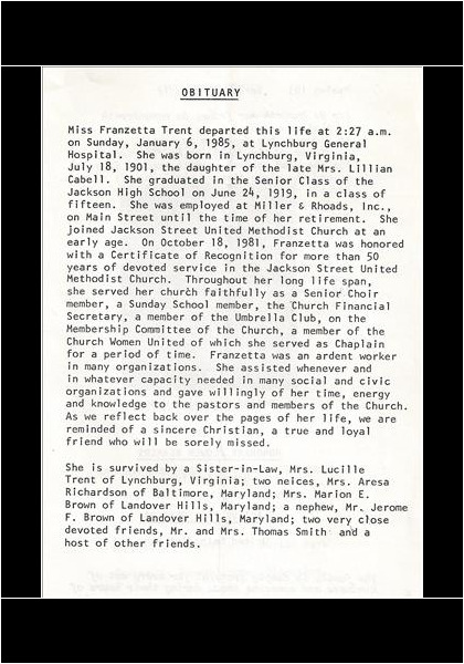 Miss Franzetta Trent-obituary