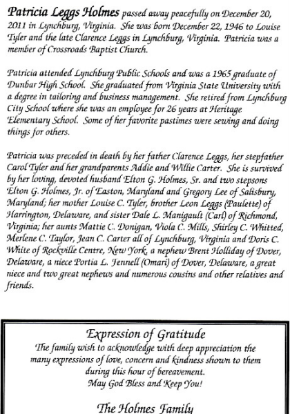 Patricia Leggs Holmes DHS-'65-obituary