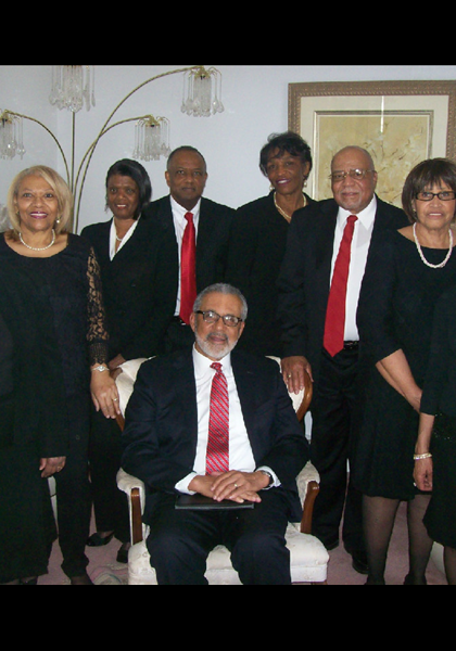 GETTING READY! Standing l-r, Elizabeth Ann Harvey Jones, Albersynia Rice Quarles (Chairperson), Farnese Hicks, Thomas Fuqua, Barbara Roberson Duncan, Carl Jones, Geraldine Wilkes Tanks (Co-chairperson), Thelma Louise Sherman Hayes and seated is Hylan T. Hubbard III (Budget Manager/Class President).