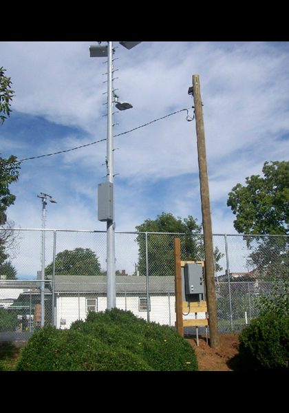 The fence is up, and the night floodlights! The fence is up, and the night floodlights!