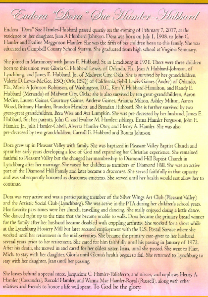 Dora Hamler Hubbard-obituary