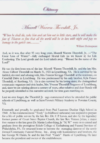M.W. "Teedy" Thornhill Jr.-obituary pt.I