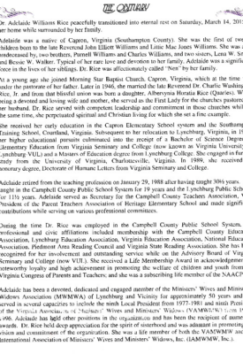 Dr. Adelaide W. Rice-obituary Pt. I