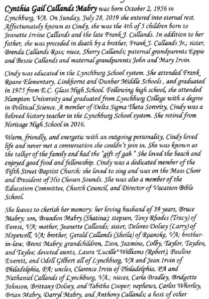 Cynthia Callands Mabry ECG-'75-obituary