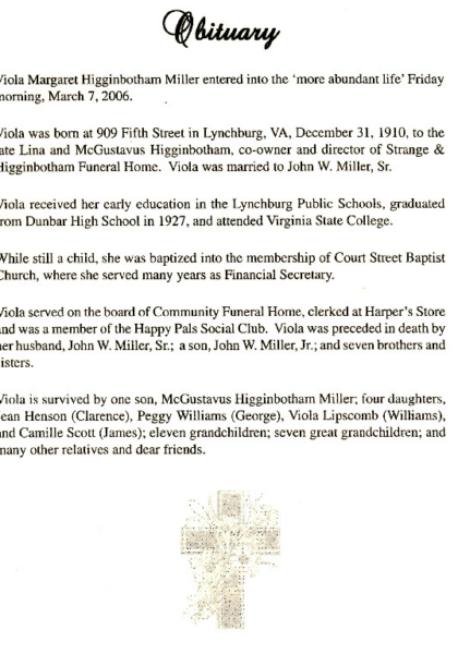 Viola Higginbotham Miller-obituary