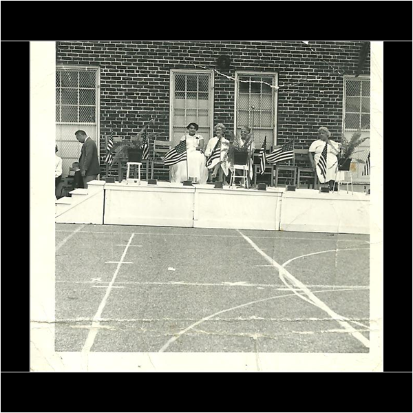 Mr. Martin, Mrs. Frances Baldwin, Mrs. Barnett-principal, Mrs. Scott, Mrs. Cora Berry, at a May-day celebration in 1956?