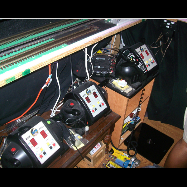 The controls for the trains. A special circuit breaker box had to be installed. From here you can direct all the trains and track switches!